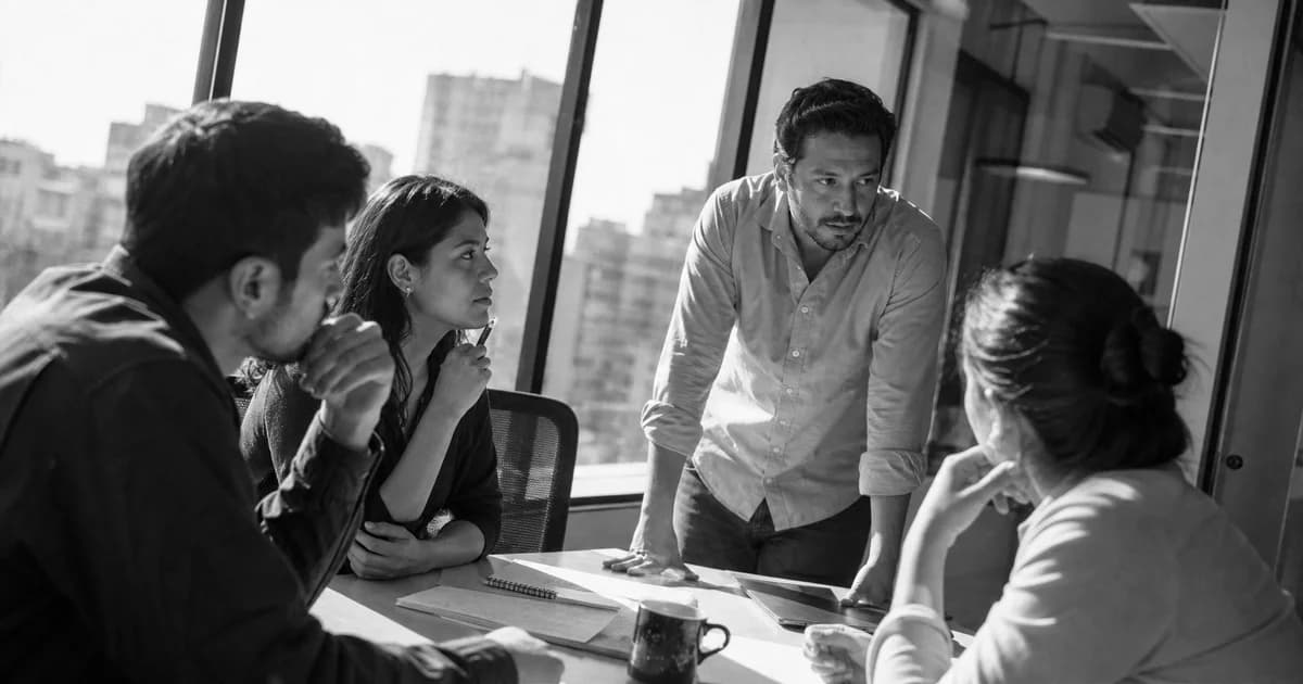 Gerente y equipo revisan una práctica de trabajo concreta