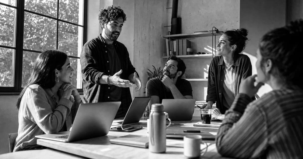 Gerente y equipo revisan una práctica de trabajo concreta