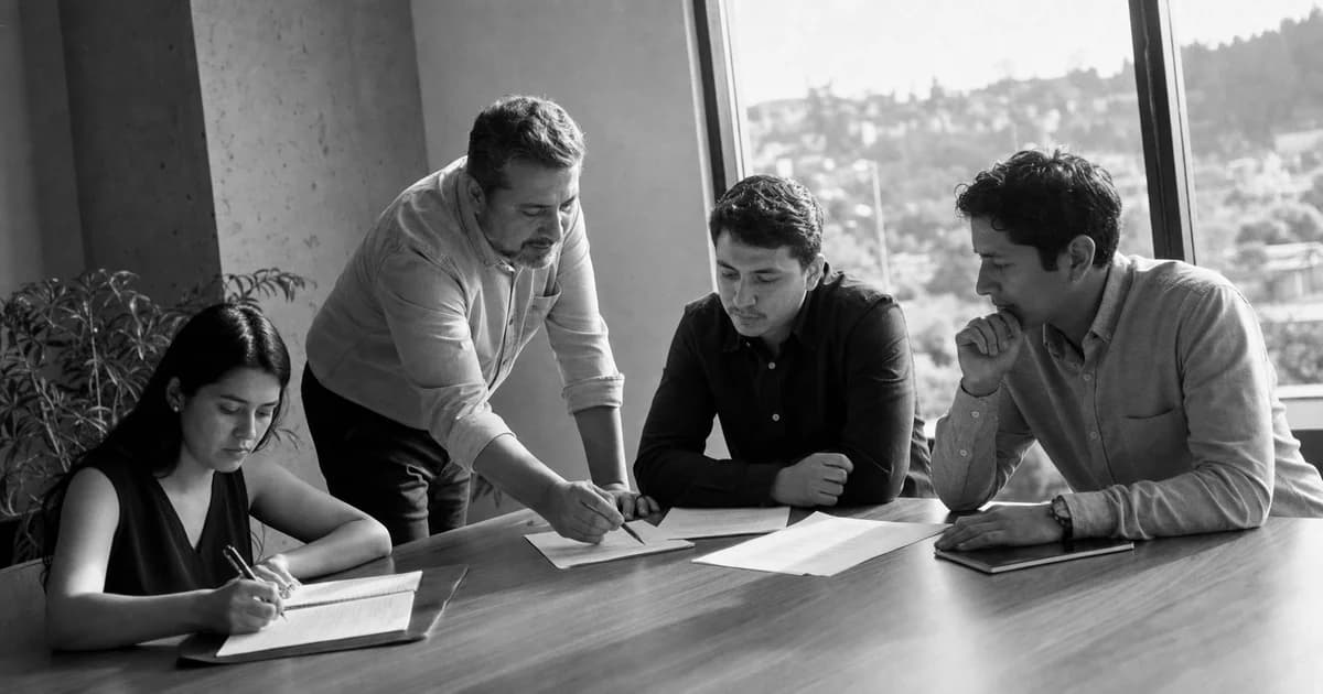 Gerente y equipo revisan una práctica de trabajo concreta
