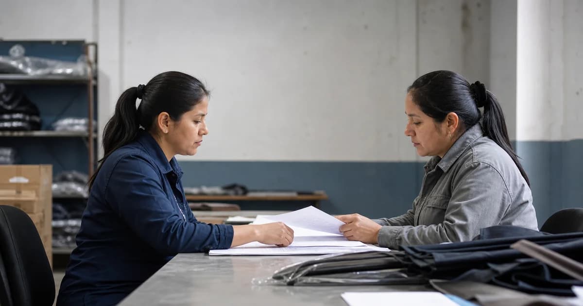Gerenta revisando condiciones de un acuerdo con un proveedor en una mesa de trabajo, ambos de perfil