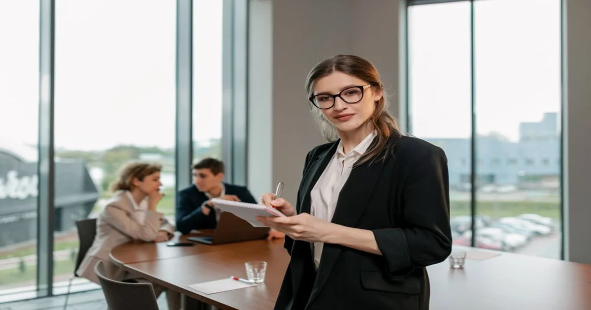 Profesional en reunión corporativa mirando a su equipo con confianza y postura segura