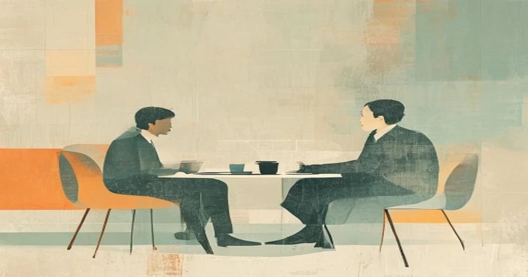 Dos personas sentadas frente a frente en una conversación de trabajo enfocada y directa