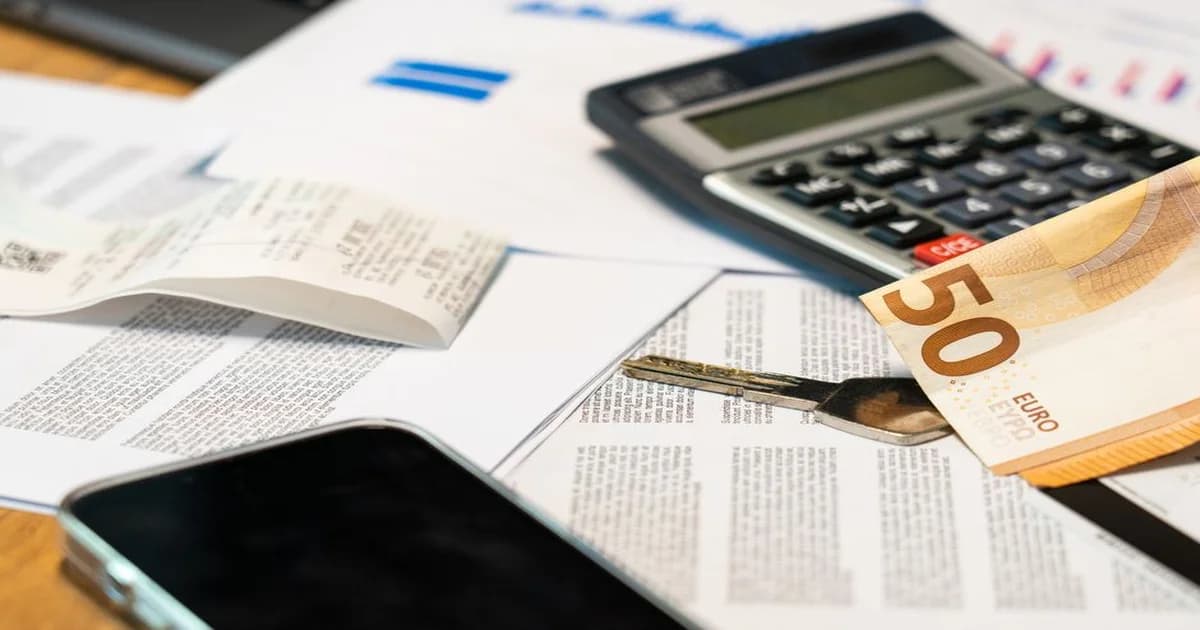 Gerente revisando un balance general impreso sobre una mesa de oficina con laptop abierta