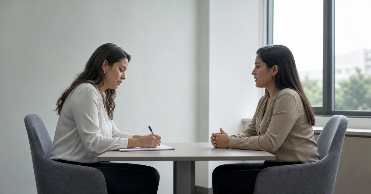 Entrevistadora y candidata conversando frente a frente en una sala luminosa, ambas de perfil