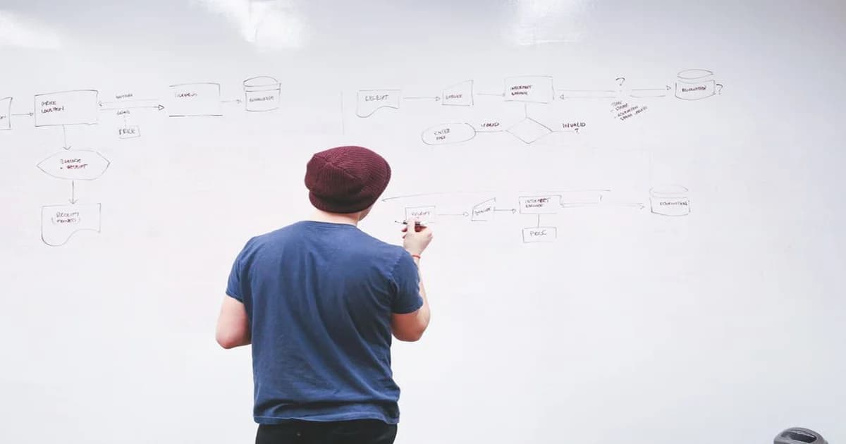 Diagrama de mapa de procesos con flechas y bloques de colores sobre mesa de trabajo gerencial