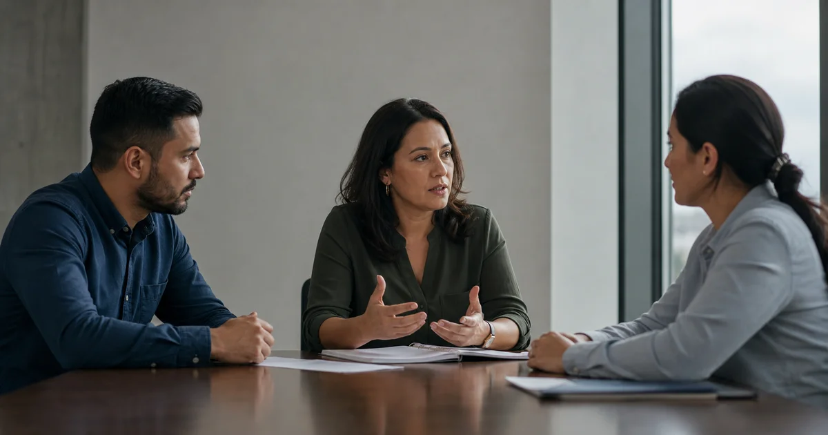 Gerenta conversando con dos integrantes de su equipo durante una transición de responsabilidades, vistos de perfil