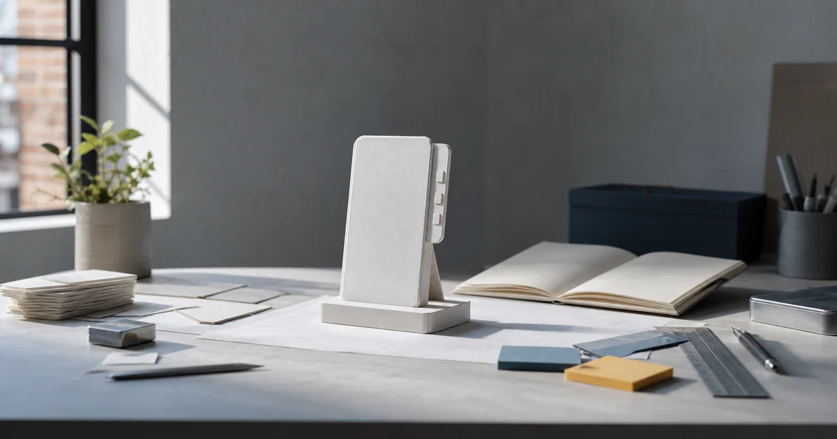 Prototipo sencillo de un producto sobre una mesa de trabajo con notas en blanco y herramientas discretas
