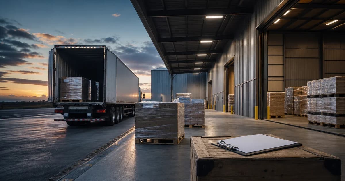 Andén de carga al atardecer con camión, pallets preparados y una planilla sin marcas sobre una caja