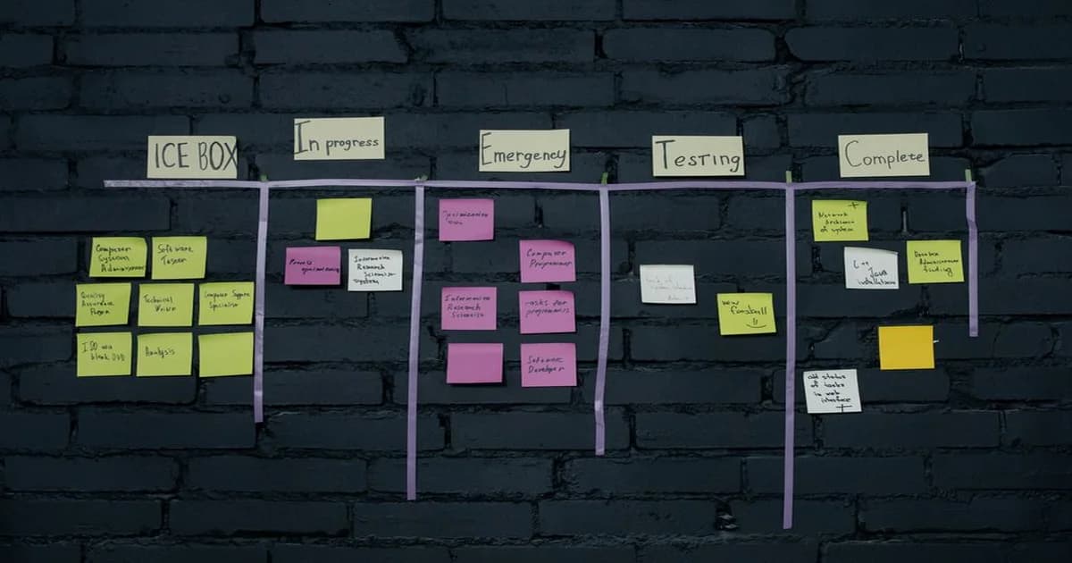 Tablero kanban físico con columnas de tareas en colores, en una oficina moderna con equipo de trabajo