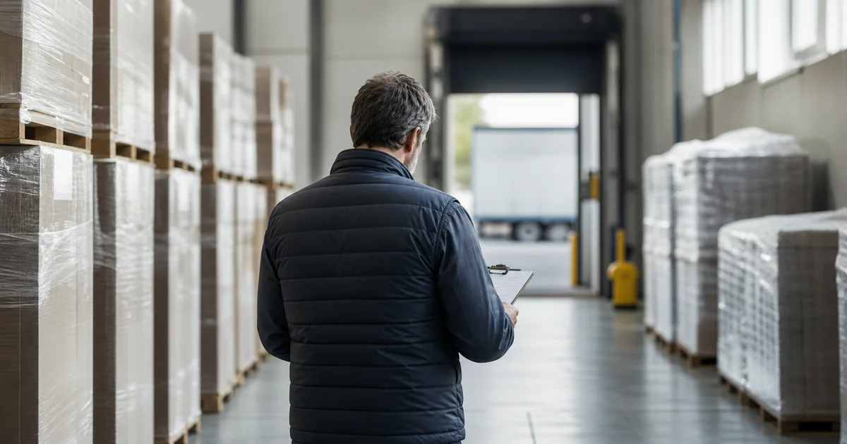 Supervisor de espaldas revisando una planilla entre pallets preparados en un pasillo de bodega