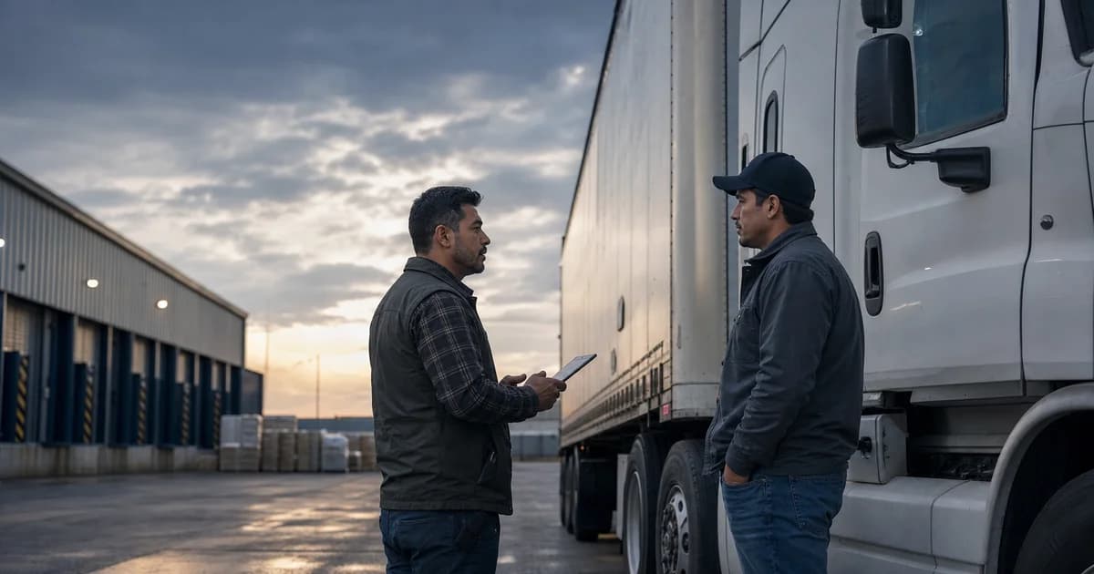 Despachador y conductor junto a un camión en un andén de carga al atardecer, ambos de perfil