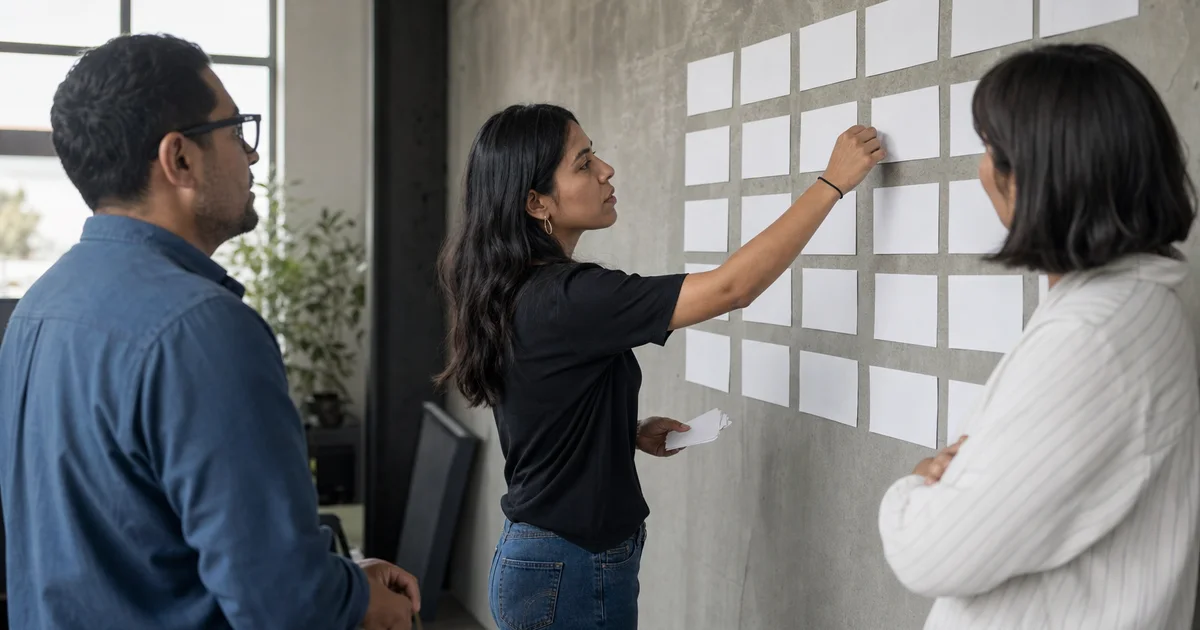 Mujer frente a tarjetas de trabajo en una pared mientras dos colegas observan de perfil durante la planificación
