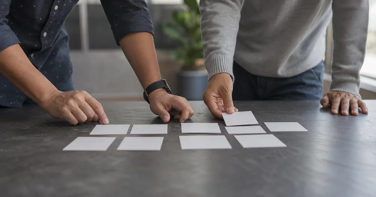 Dos personas inclinadas sobre una mesa ordenando tarjetas pequeñas sin texto visible durante una sesión de trabajo