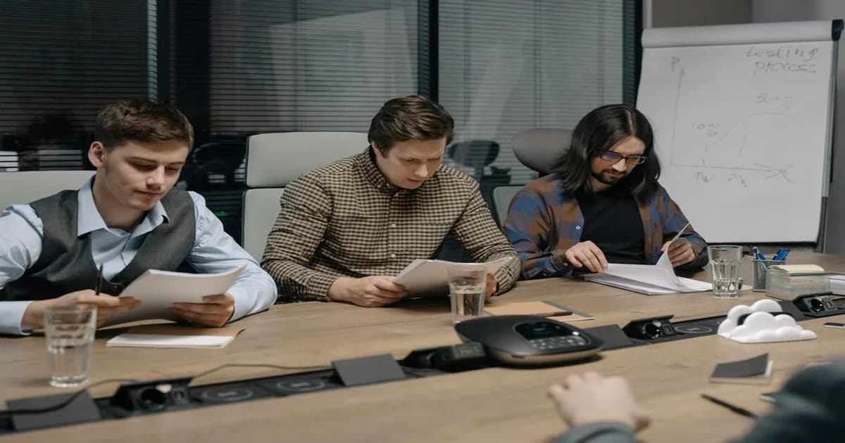 Un equipo de trabajo revisando una lista de decisiones en una pantalla digital
