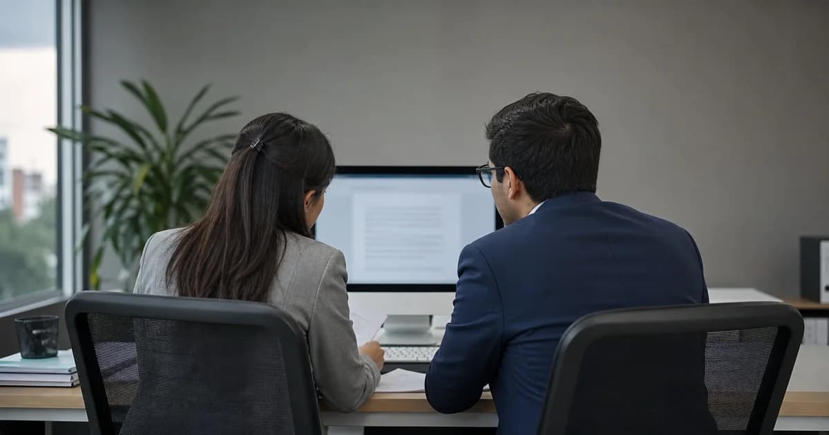 Dos profesionales revisando información protegida en un computador, vistos desde atrás en una sala de trabajo