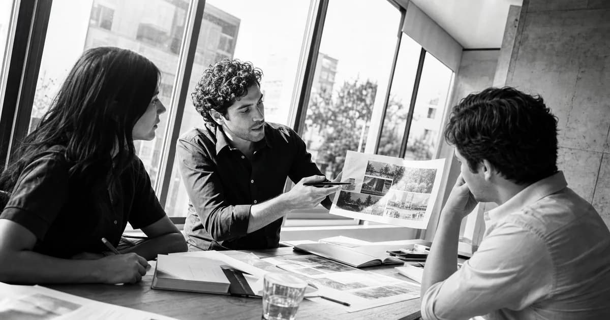 Gerente y equipo revisan una práctica de trabajo concreta