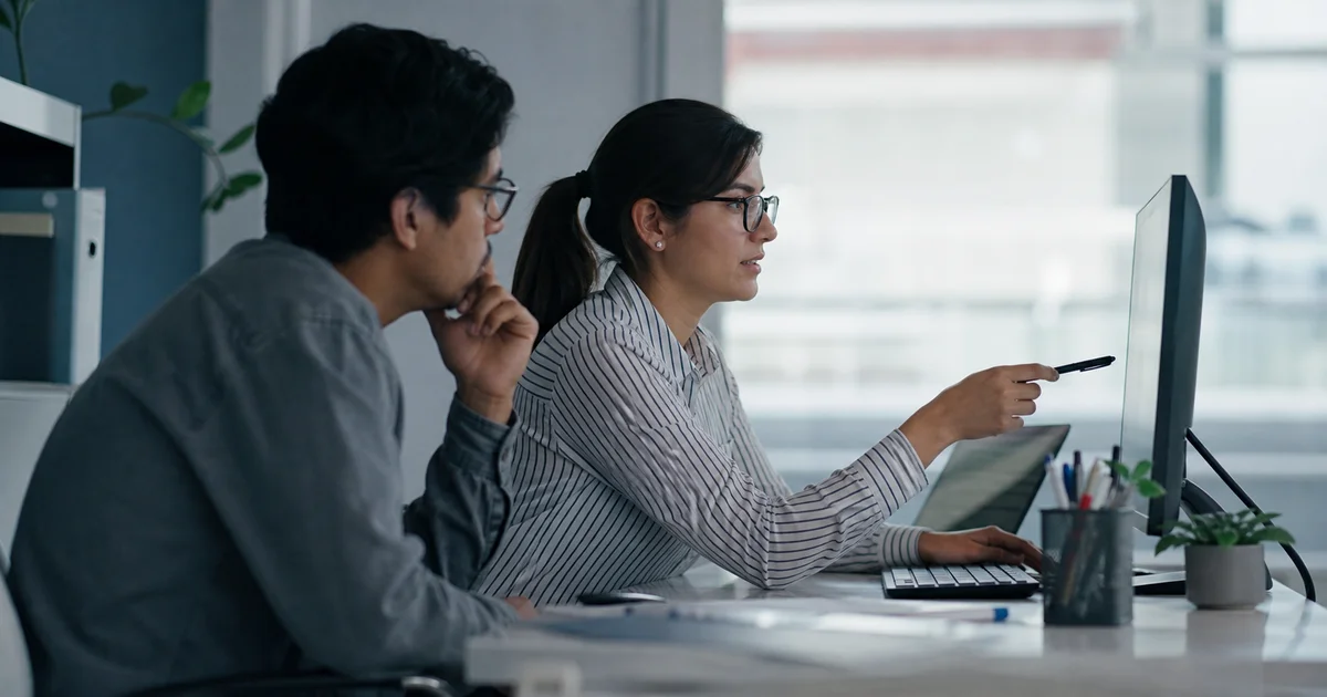 Especialista organizando material de consulta en un computador mientras una colega revisa el contenido, vistas de perfil