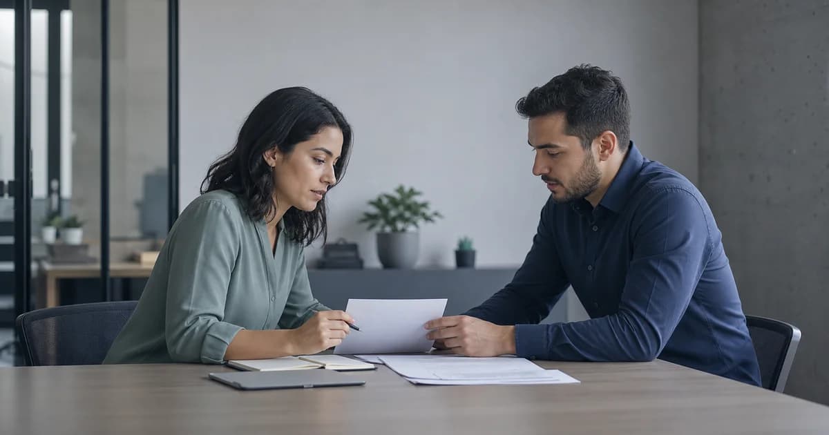 Dos profesionales revisando una propuesta inicial en una mesa de reunión, vistos de perfil con luz lateral