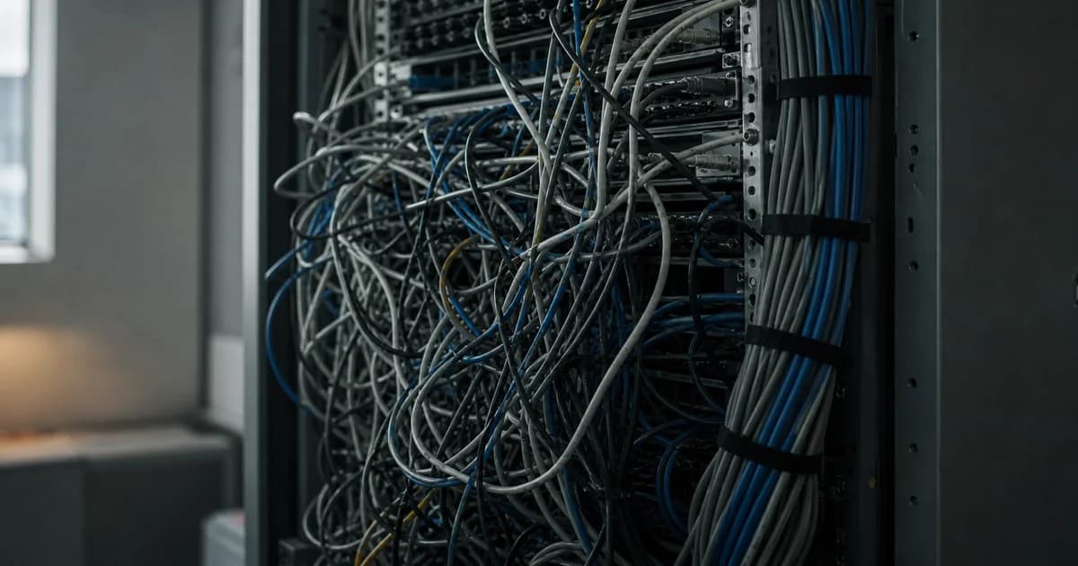 Cables enredados detrás de un gabinete técnico, con una parte ordenada y luz tenue en un entorno de trabajo