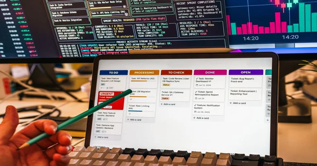 Gerente revisando tablero de indicadores KPI en pantalla con gráficos de desempeño por área