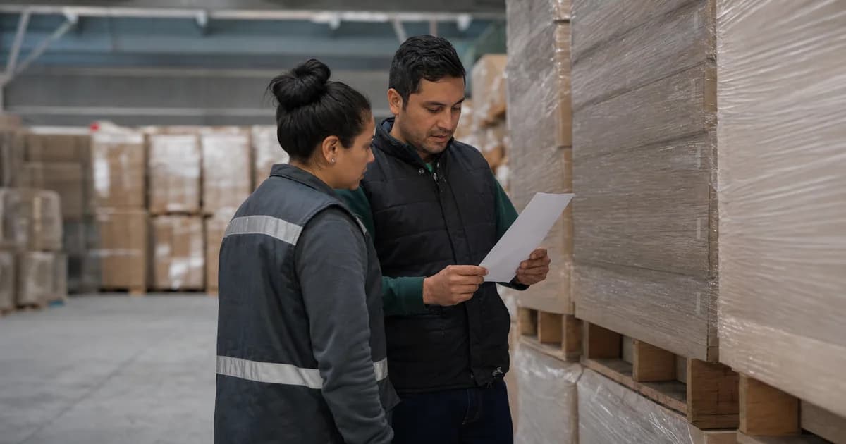 Dos personas comparando una lista de preparación con pallets en un centro de distribución, vistas de perfil
