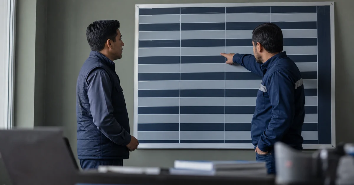 Supervisor y colega observando un tablero operativo, ambos de perfil en un espacio de trabajo real