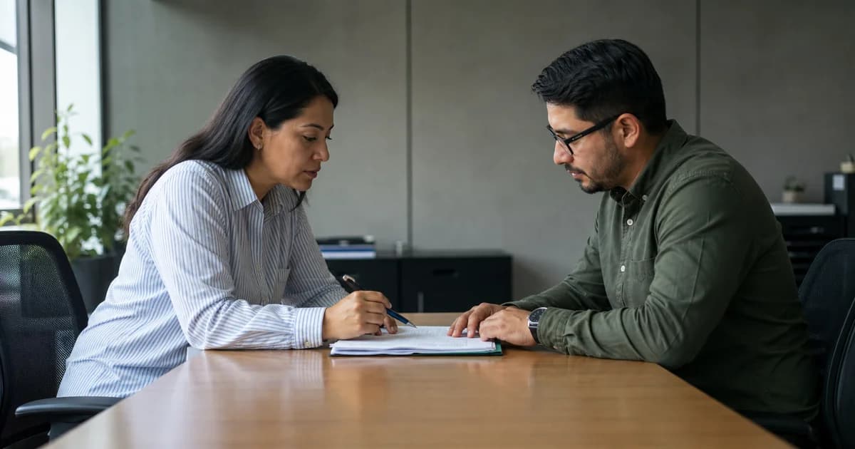 Gerenta y colaborador revisando una transición de tareas en una mesa de reunión, ambos de perfil