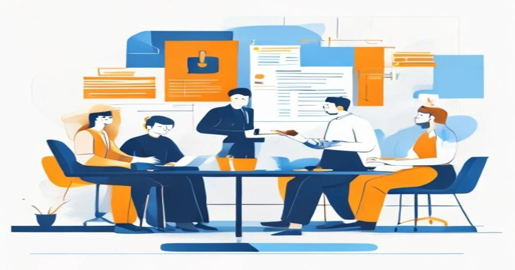 Manager revisando planes de desarrollo individual sobre una mesa con documentos y notas de seguimiento por colaborador