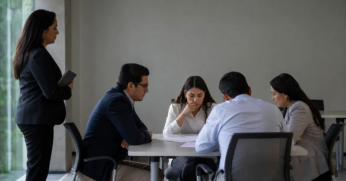 Grupo pequeño resolviendo un caso de trabajo alrededor de una mesa, observado por una evaluadora de perfil