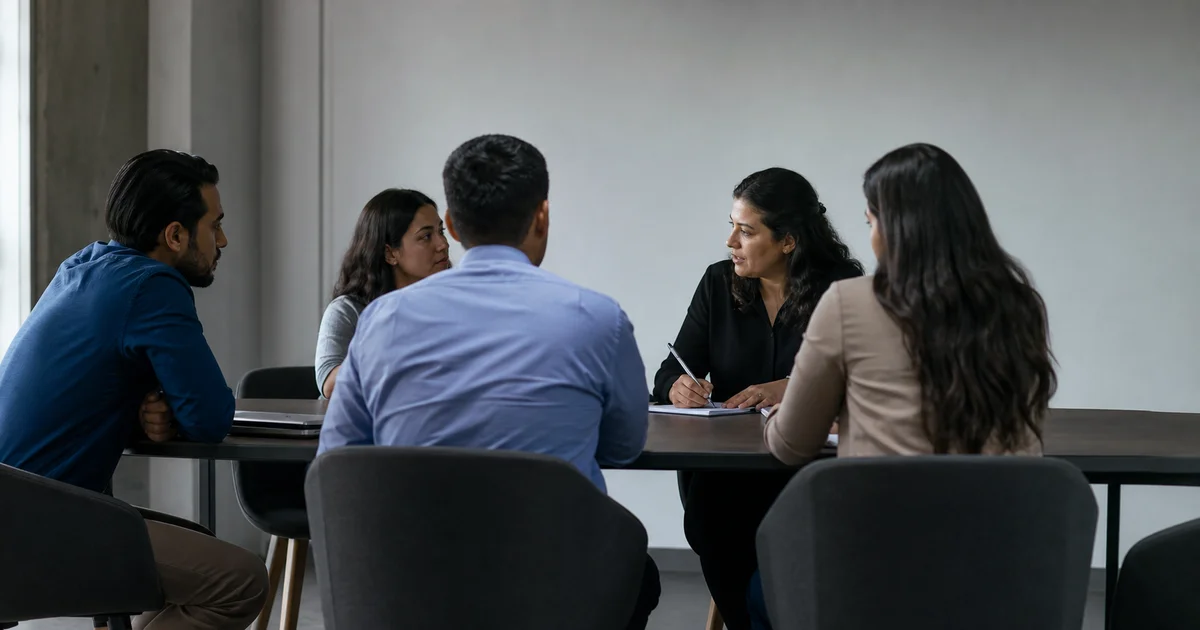Equipo de trabajo conversando alrededor de una mesa con una supervisora tomando notas, vistos de perfil