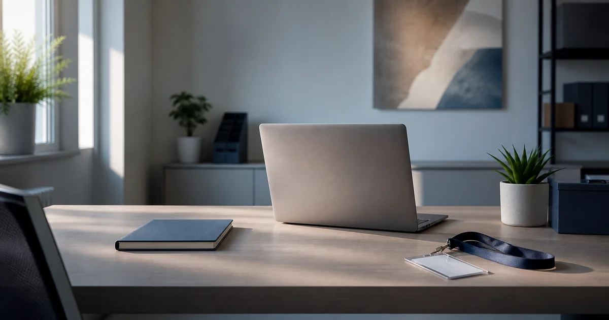 Escritorio vacío preparado para una nueva incorporación, con laptop, libreta y credencial junto a una ventana
