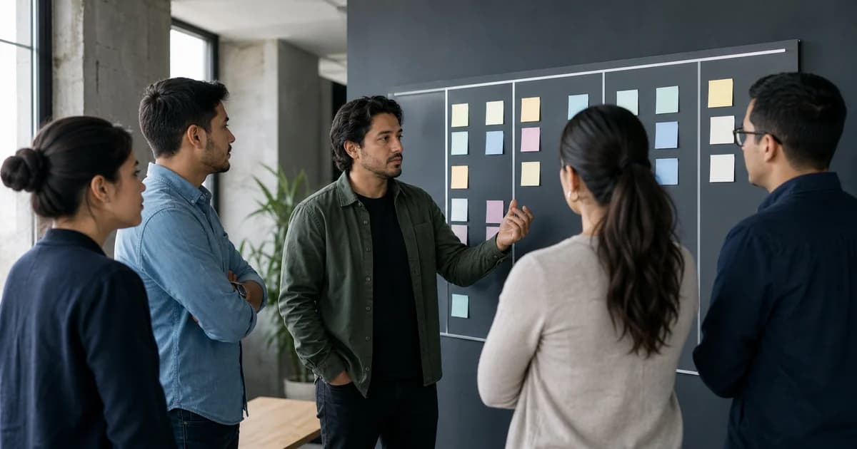 Facilitadora guiando una reunión breve de equipo frente a un tablero sin texto visible, vista de perfil
