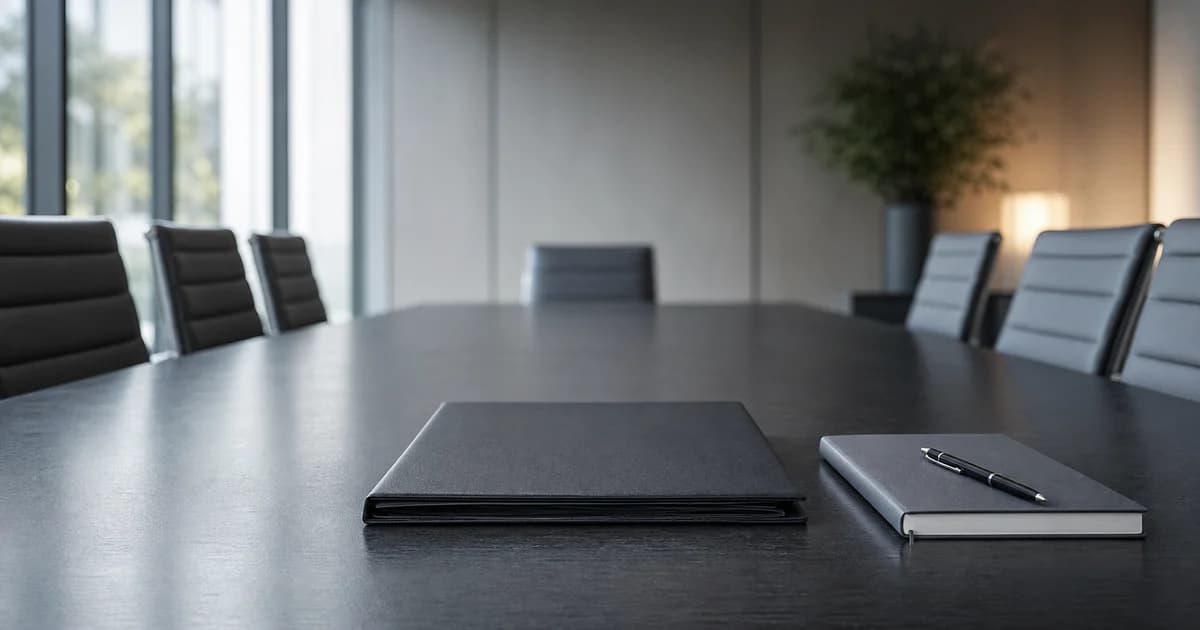 Mesa de reunión sobria con una carpeta cerrada, una libreta y luz suave entrando desde una ventana lateral