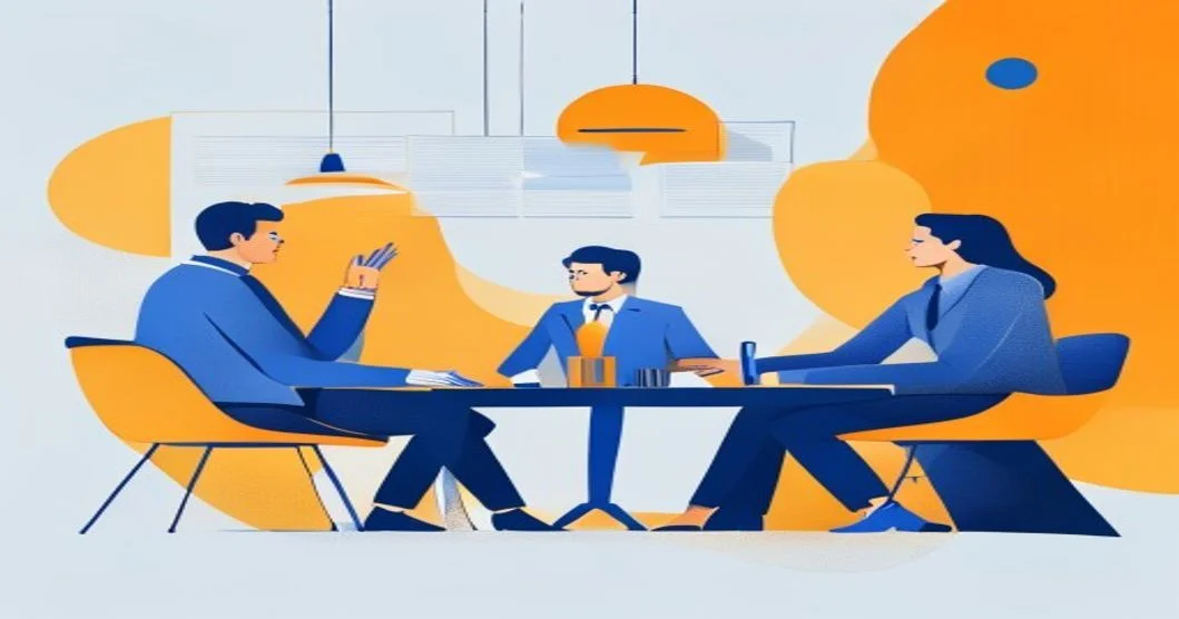 Personas de distintas áreas frente a un tablero Kanban, revisando bloqueos y tomando decisiones rápidas