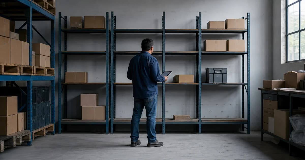 Trabajador de bodega revisando una sección de estanterías medio vacía con una tableta, visto desde atrás